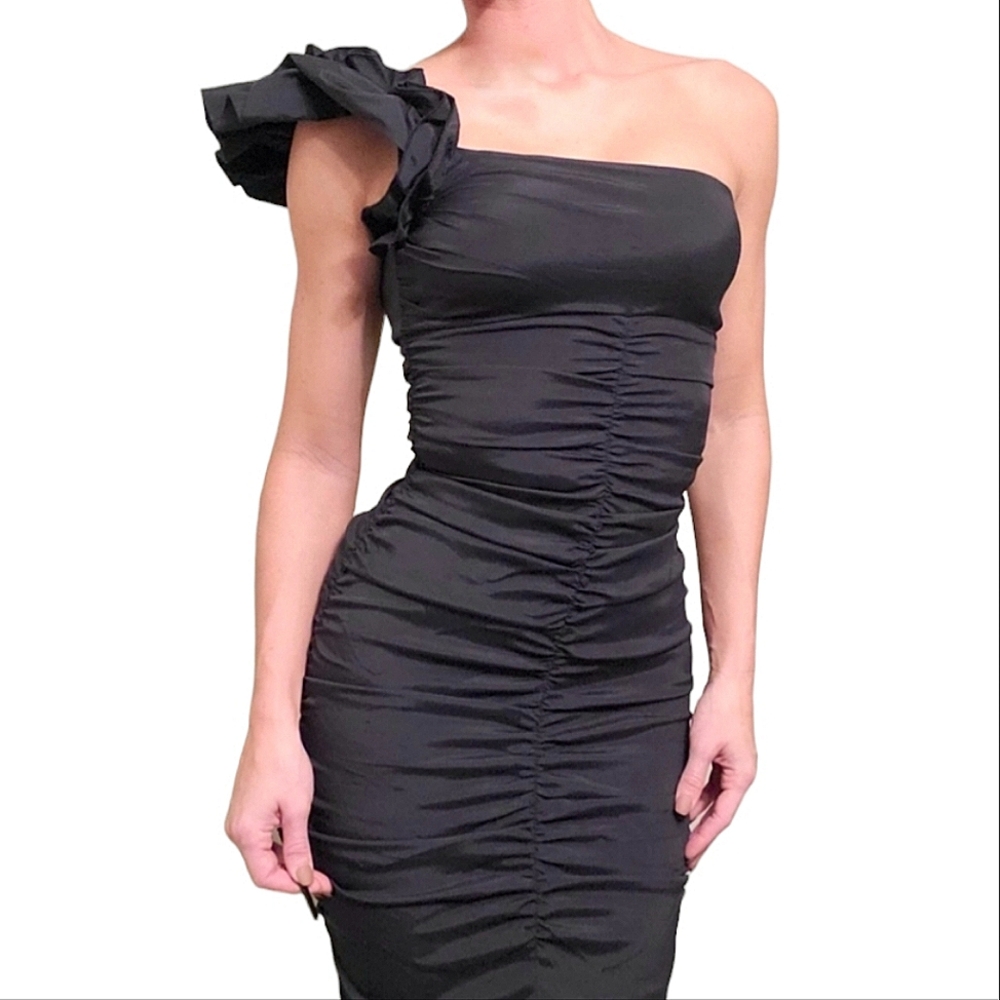 Vtg Caché Black One Shoulder Cocktail Dress Size 6